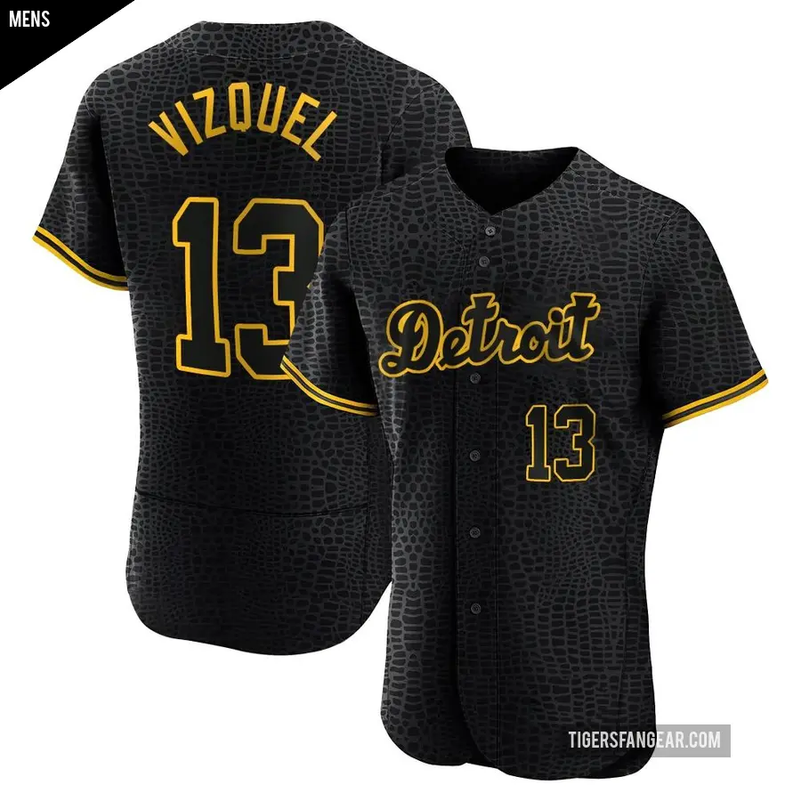 Men's Detroit Tigers ＃13 Omar Vizquel Authentic Black Snake Skin City Jersey