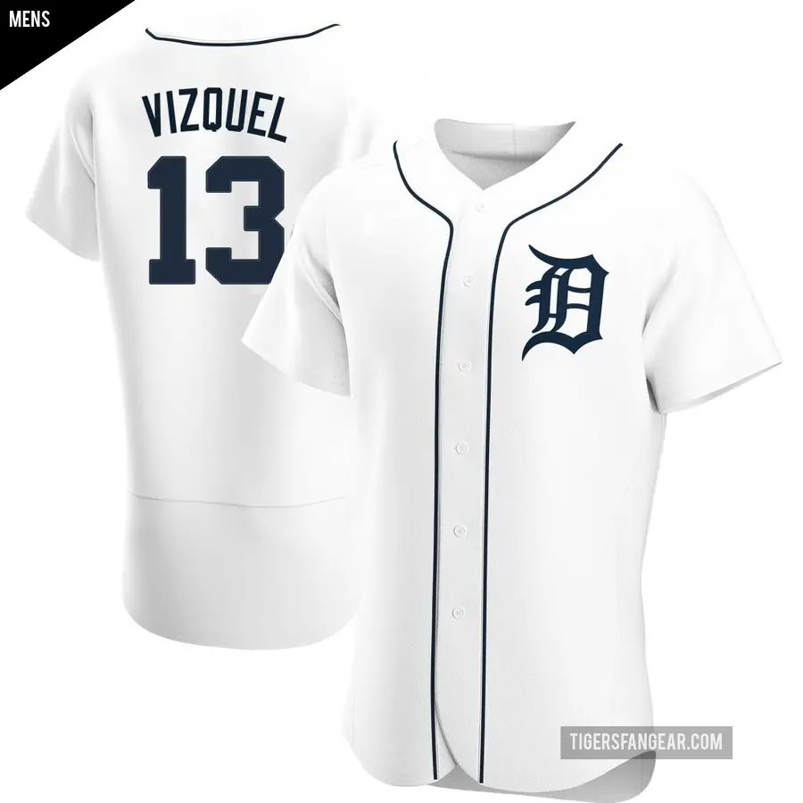 Men's Detroit Tigers ＃13 Omar Vizquel Authentic White Home Jersey