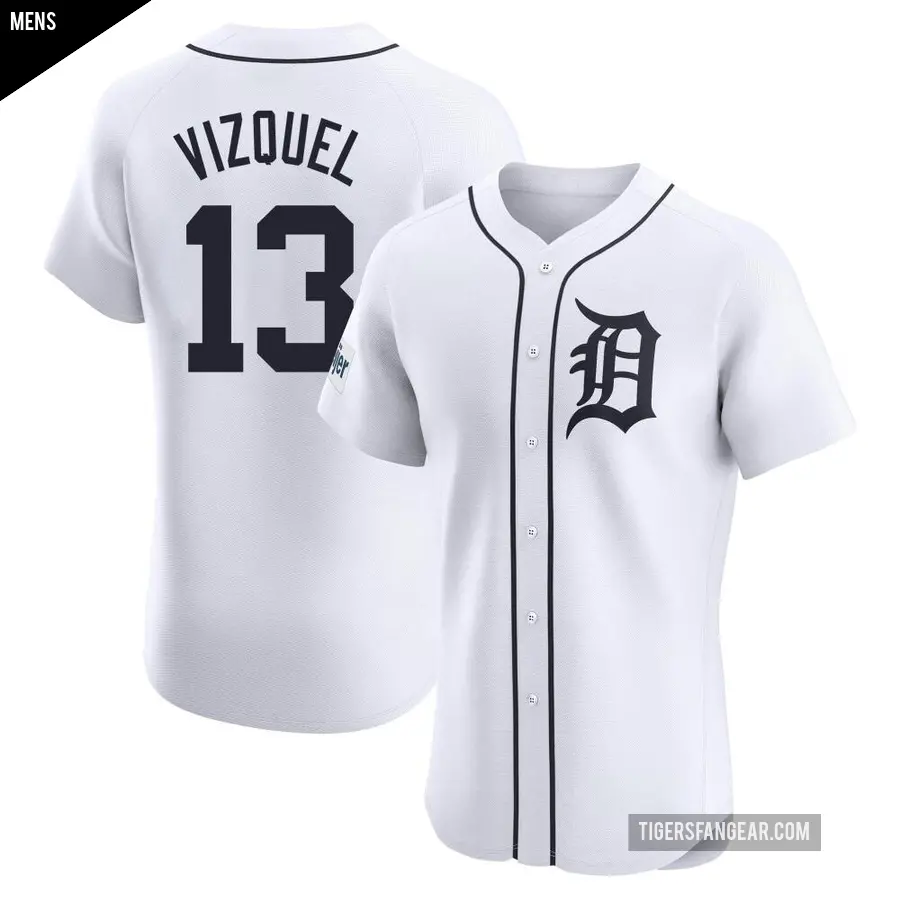 Men's Detroit Tigers ＃13 Omar Vizquel Elite White Home Patch Jersey