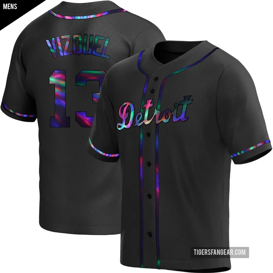 Men's Detroit Tigers ＃13 Omar Vizquel Replica Black Holographic Alternate Jersey