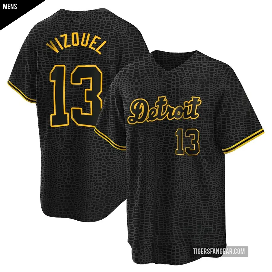 Men's Detroit Tigers ＃13 Omar Vizquel Replica Black Snake Skin City Jersey