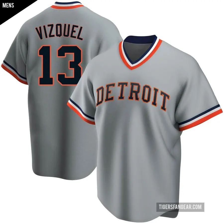 Men's Detroit Tigers ＃13 Omar Vizquel Replica Gray Road Cooperstown Collection Jersey