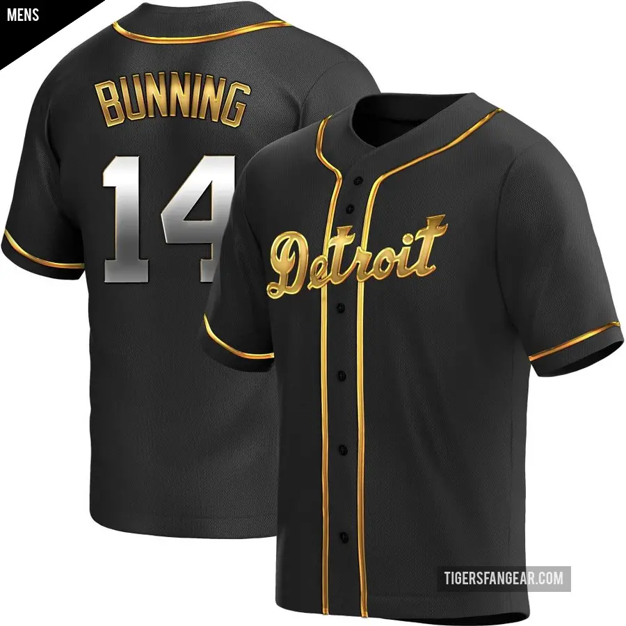 Men's Detroit Tigers ＃14 Jim Bunning Replica Gold Black en Alternate Jersey