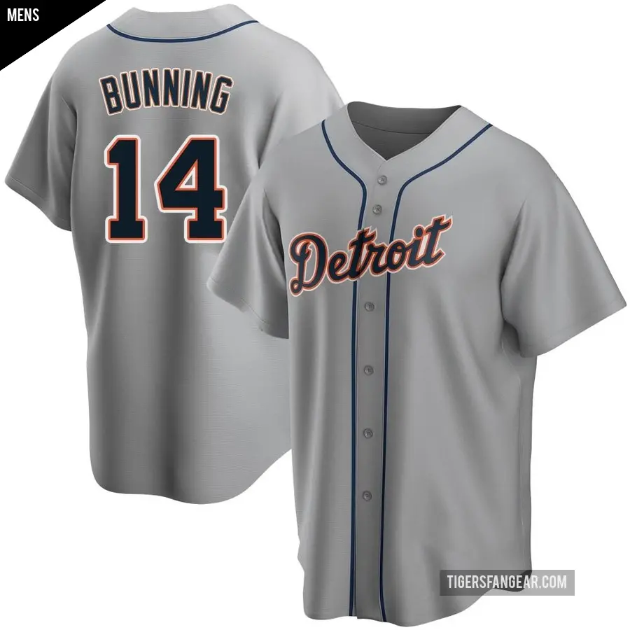 Men's Detroit Tigers ＃14 Jim Bunning Replica Gray Road Jersey