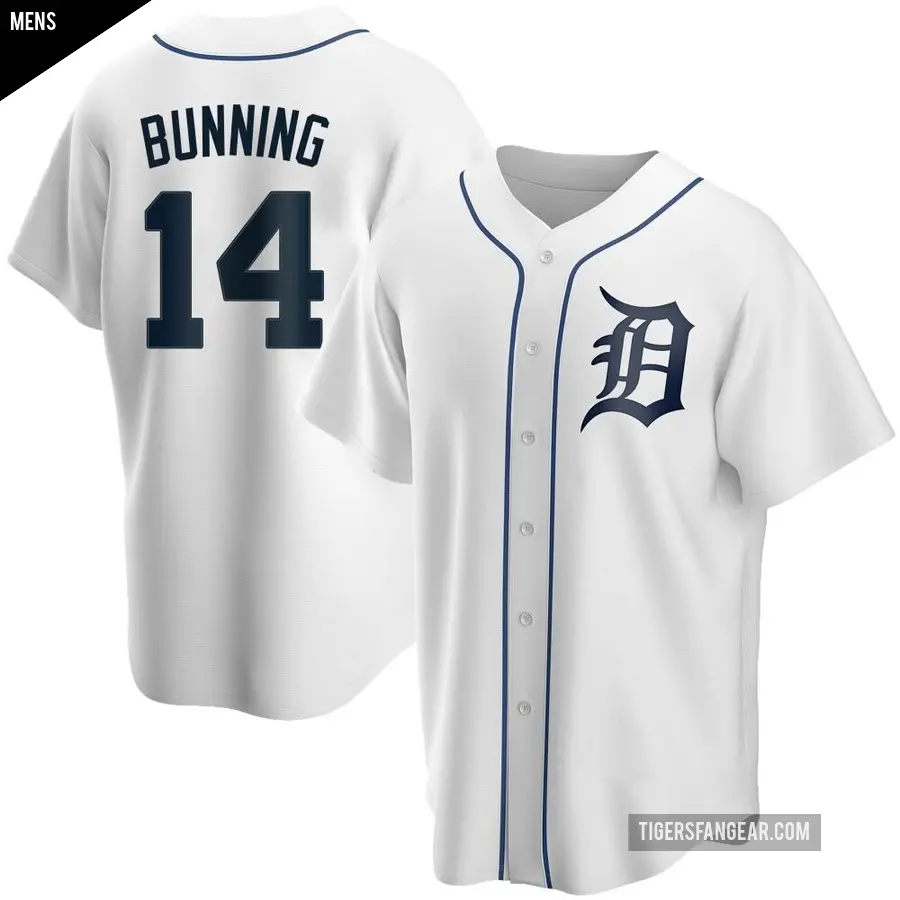 Men's Detroit Tigers ＃14 Jim Bunning Replica White Home Jersey