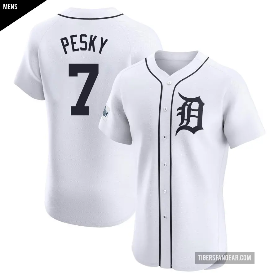 Men's Detroit Tigers ＃7 Johnny Pesky Elite White Home Patch Jersey