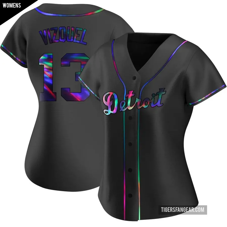 Women's Detroit Tigers ＃13 Omar Vizquel Replica Black Holographic Alternate Jersey