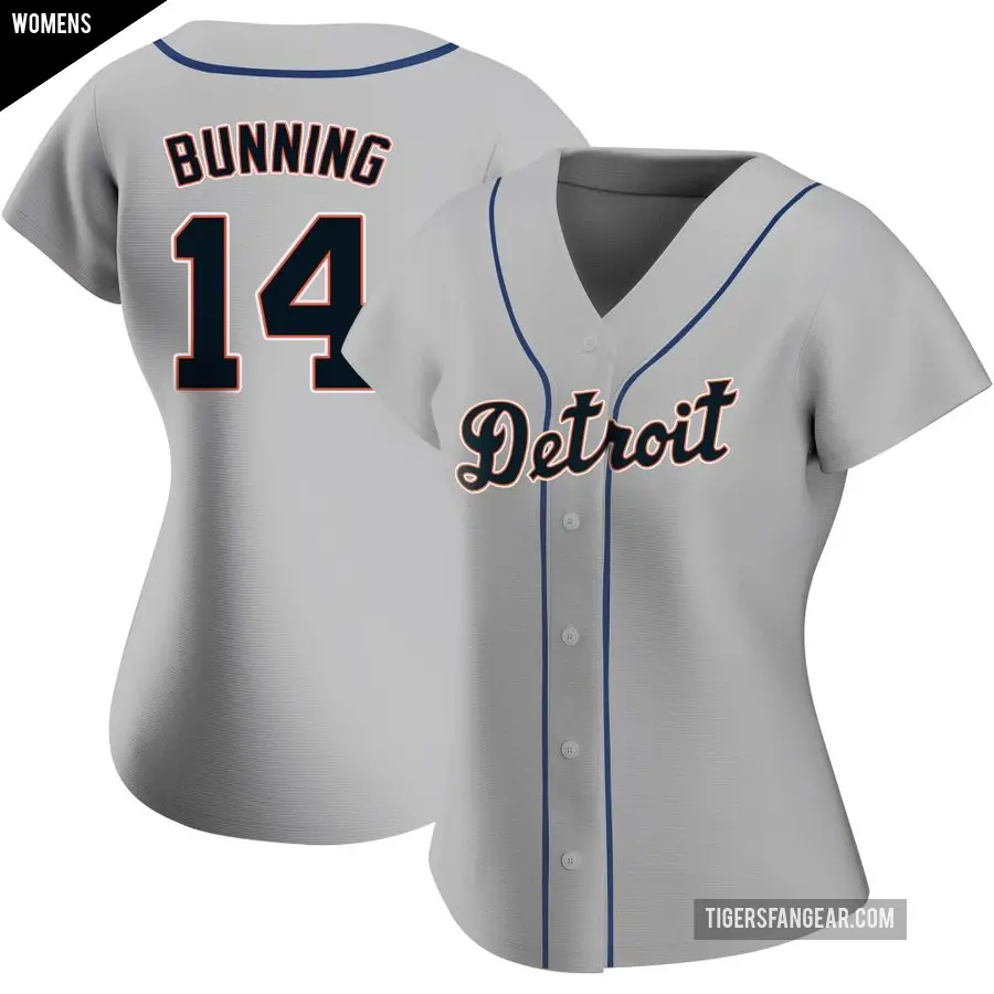 Women's Detroit Tigers ＃14 Jim Bunning Authentic Gray Road Jersey