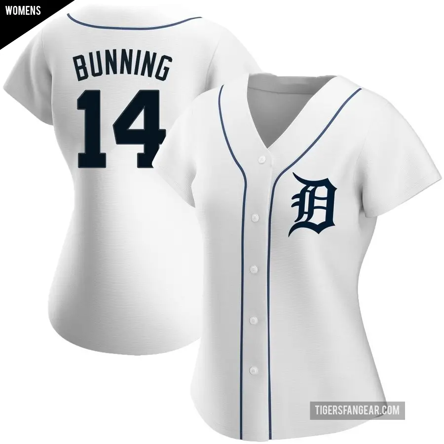 Women's Detroit Tigers ＃14 Jim Bunning Authentic White Home Jersey