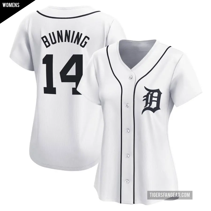 Women's Detroit Tigers ＃14 Jim Bunning Limited White Home Jersey