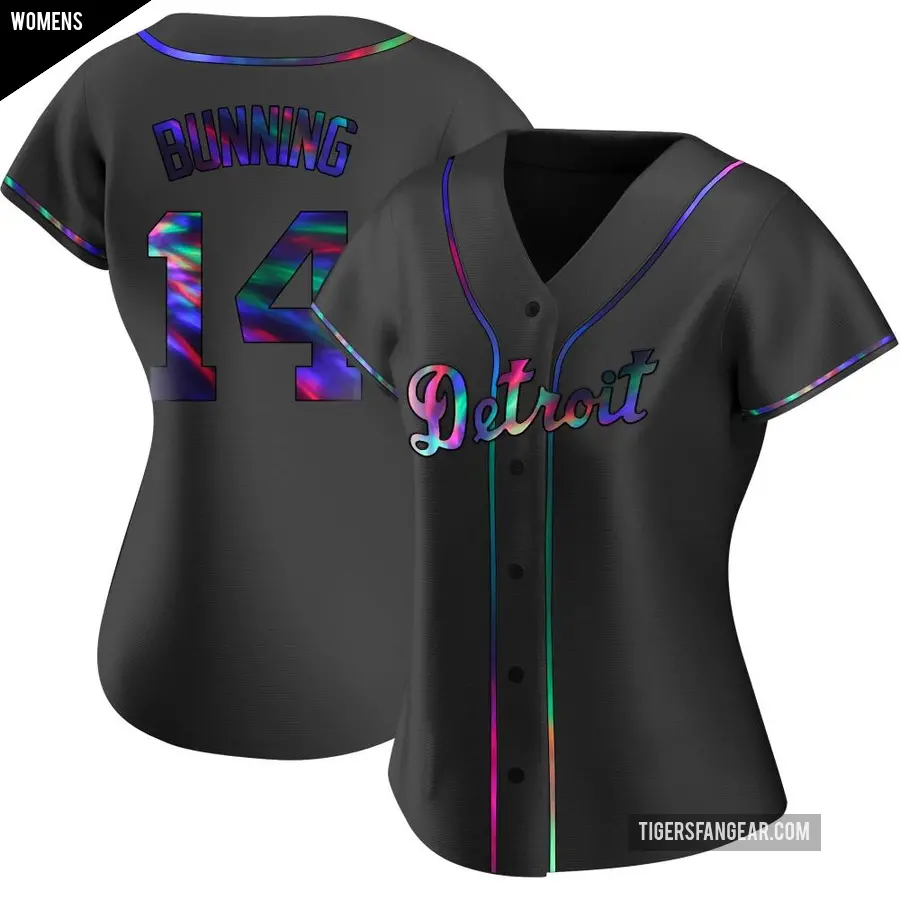 Women's Detroit Tigers ＃14 Jim Bunning Replica Black Holographic Alternate Jersey