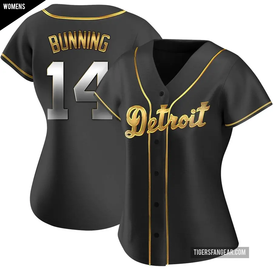 Women's Detroit Tigers ＃14 Jim Bunning Replica Gold Black en Alternate Jersey