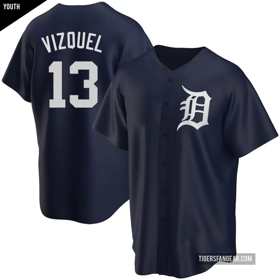 Youth Detroit Tigers ＃13 Omar Vizquel Replica Navy Alternate Jersey