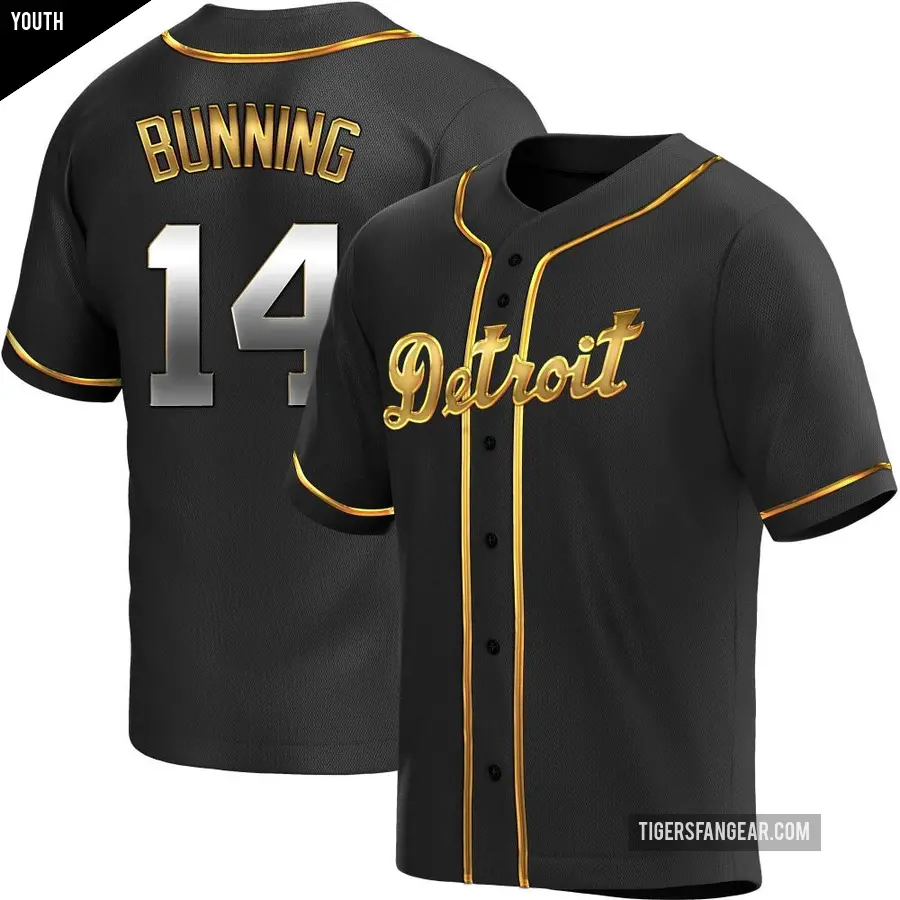 Youth Detroit Tigers ＃14 Jim Bunning Replica Gold Black en Alternate Jersey